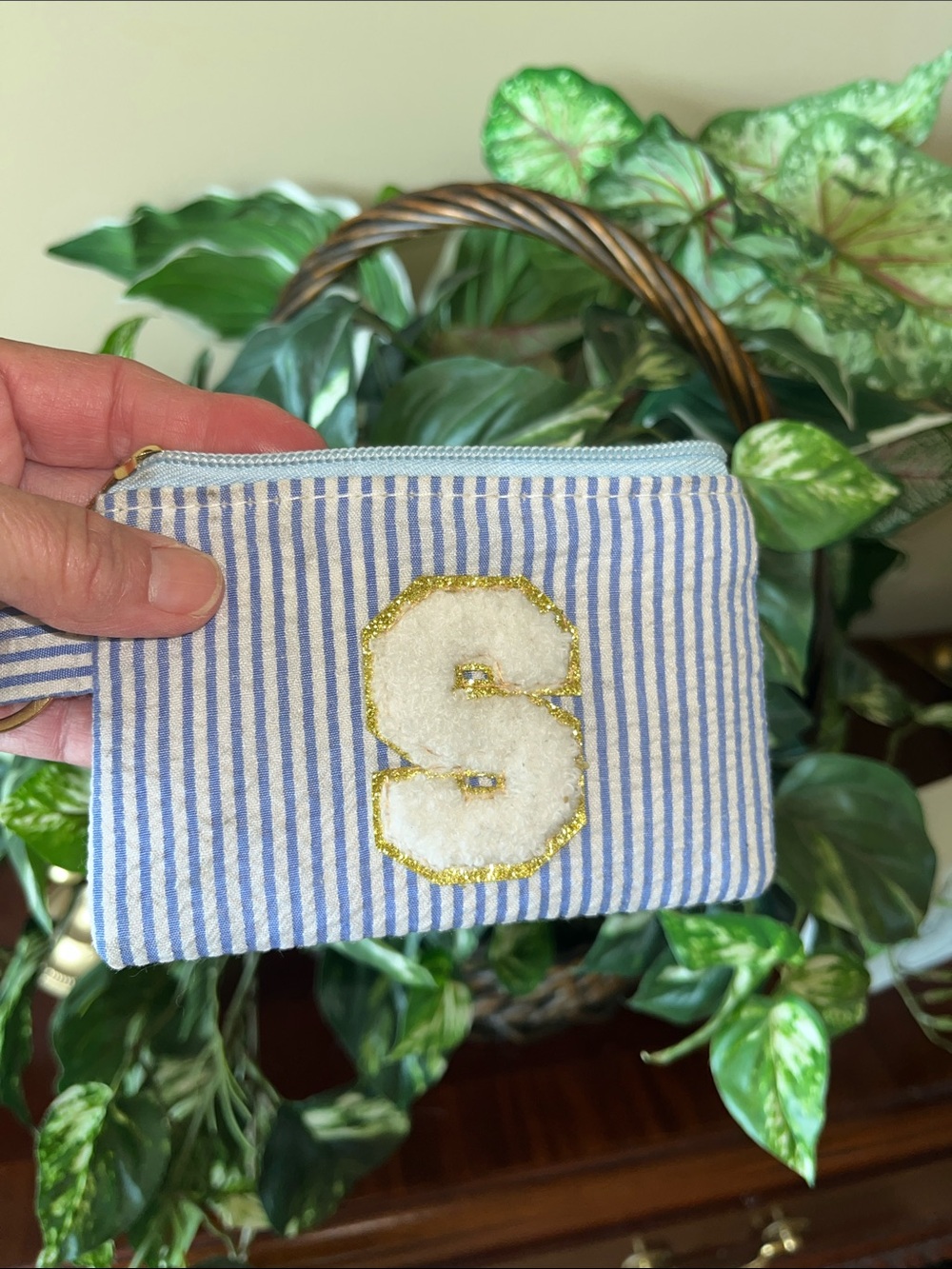 Wallet Coin Purse Key Ring “S” Blue White Striped